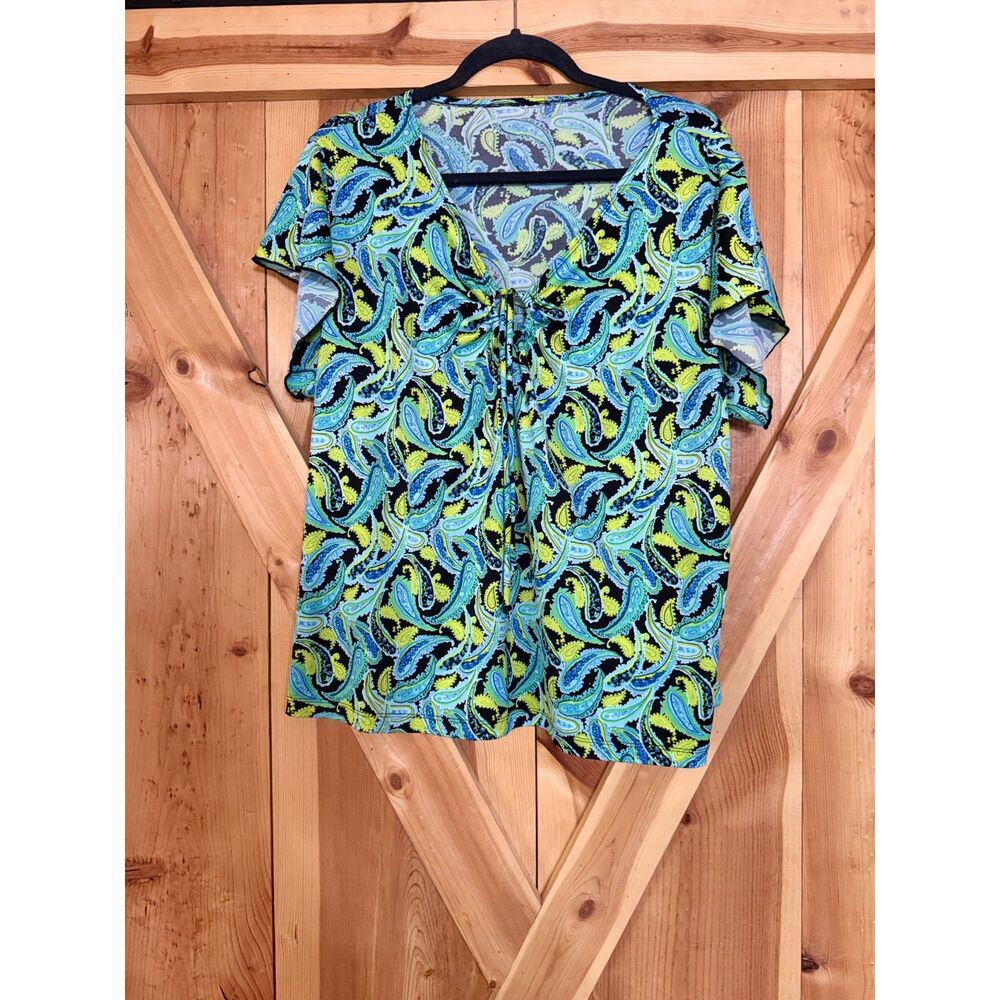 Vintage Y2K Paisley Tie Front Keyhole Top Blue Lime Green Flutter Sleeve XL Boho